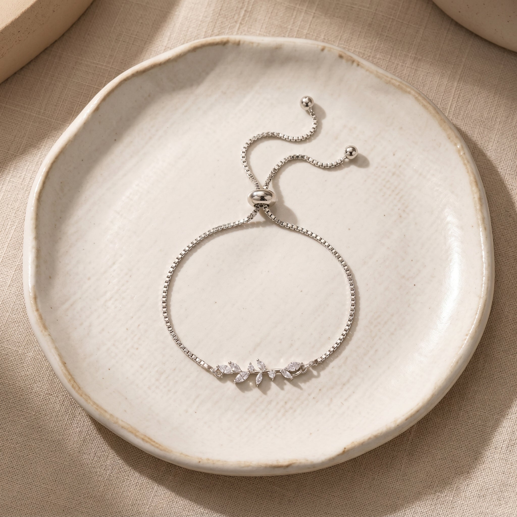Silver Adjustable Leaf Bracelet with Copper Plating and Zircon