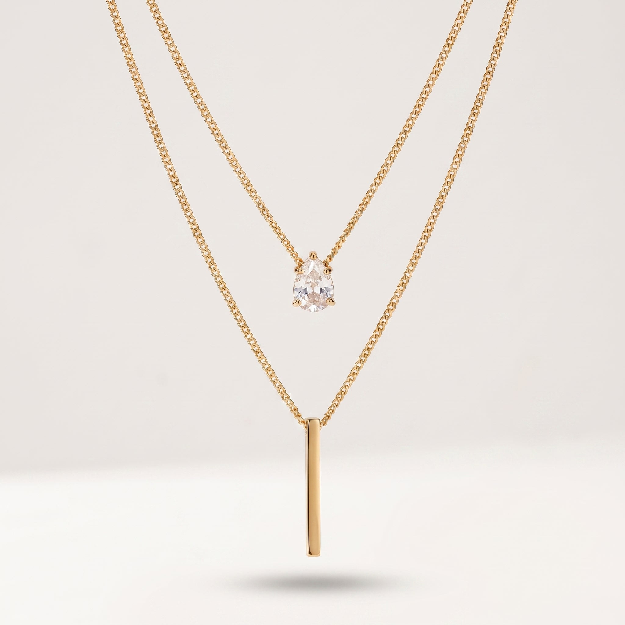 Double-Layer Gold Stainless Steel Necklace with Water Drop Rhinestone