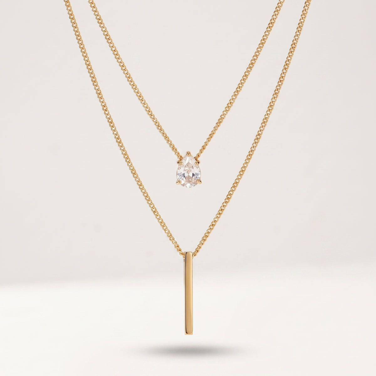 Double-Layer Gold Stainless Steel Necklace with Water Drop Rhinestone