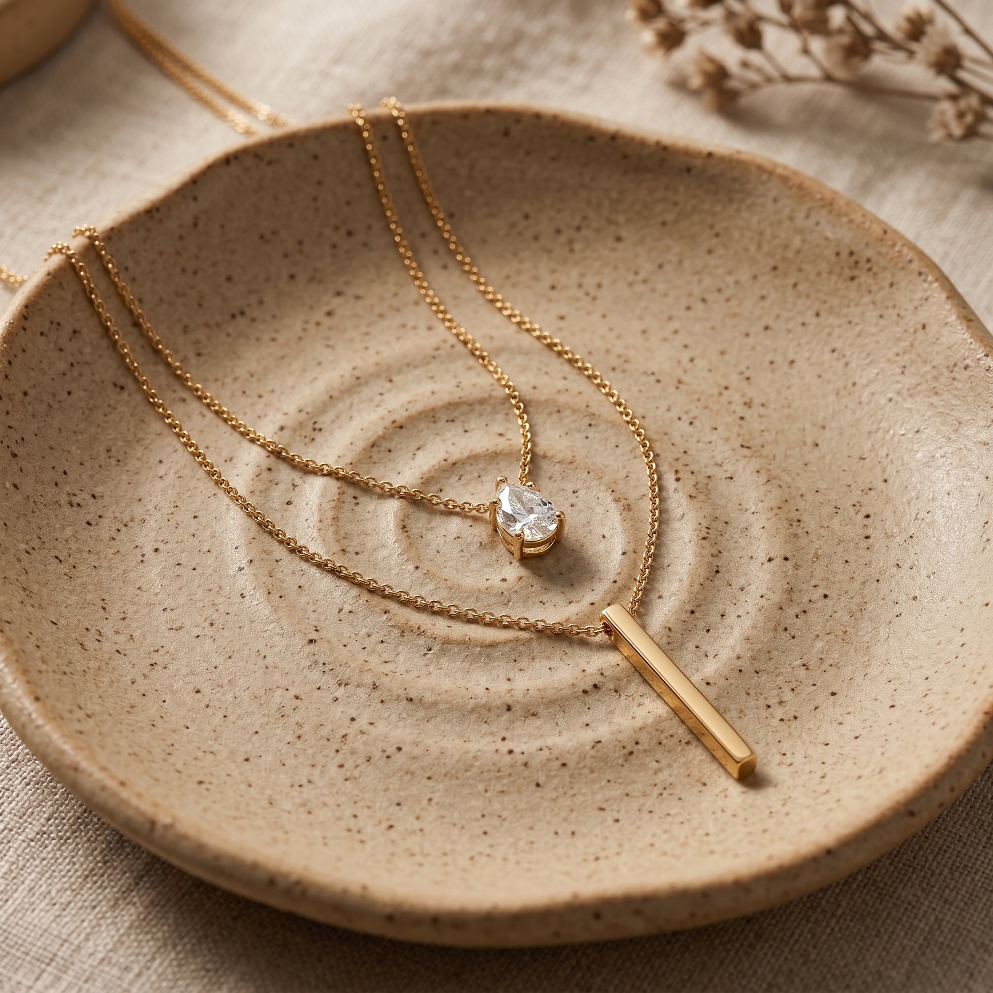 Double-Layer Gold Stainless Steel Necklace with Water Drop Rhinestone