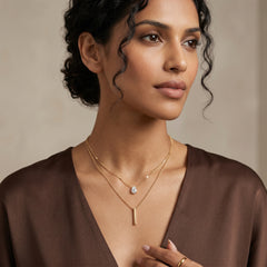 Double-Layer Gold Stainless Steel Necklace with Water Drop Rhinestone