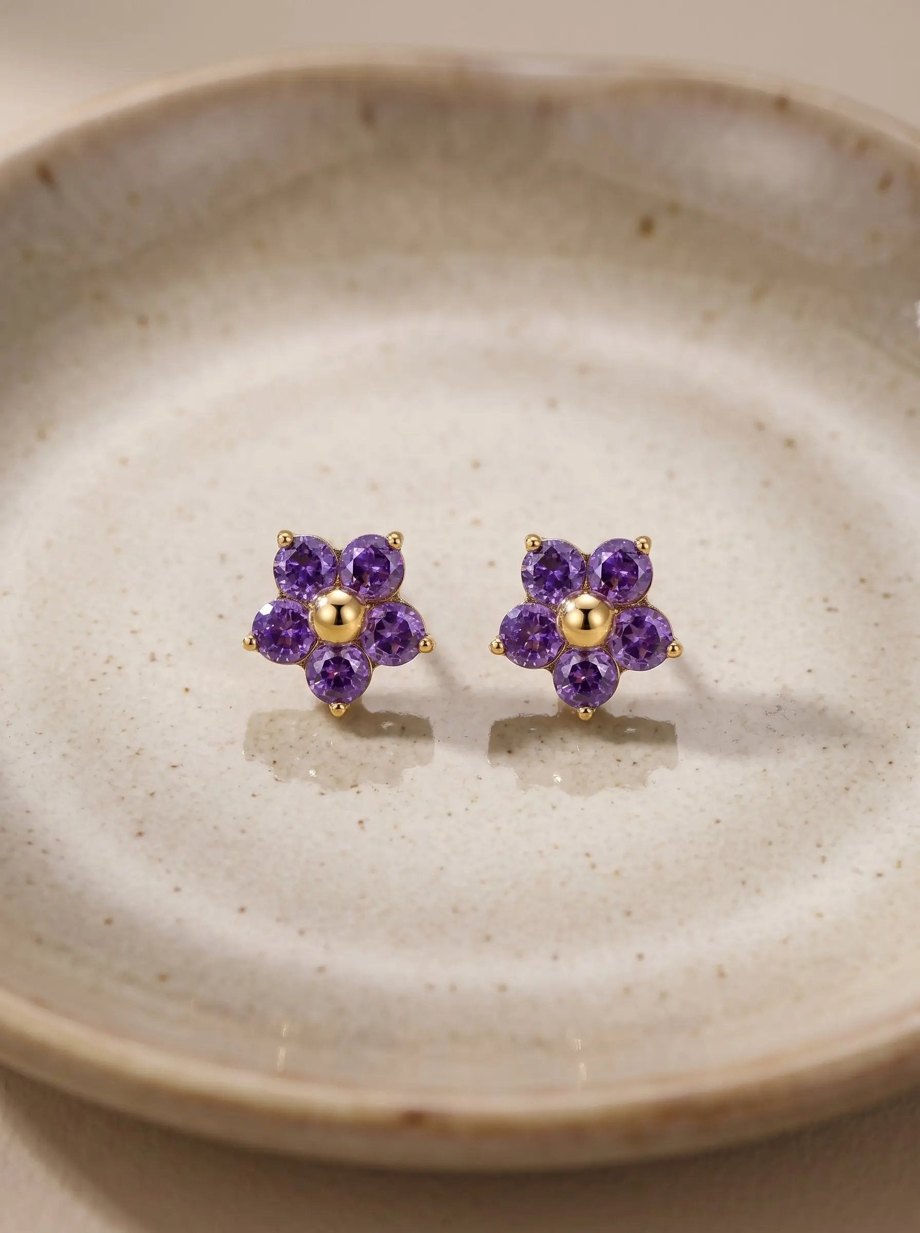 Purple Crystal Flower Stud Earrings – 18K Gold PVD Stainless Steel