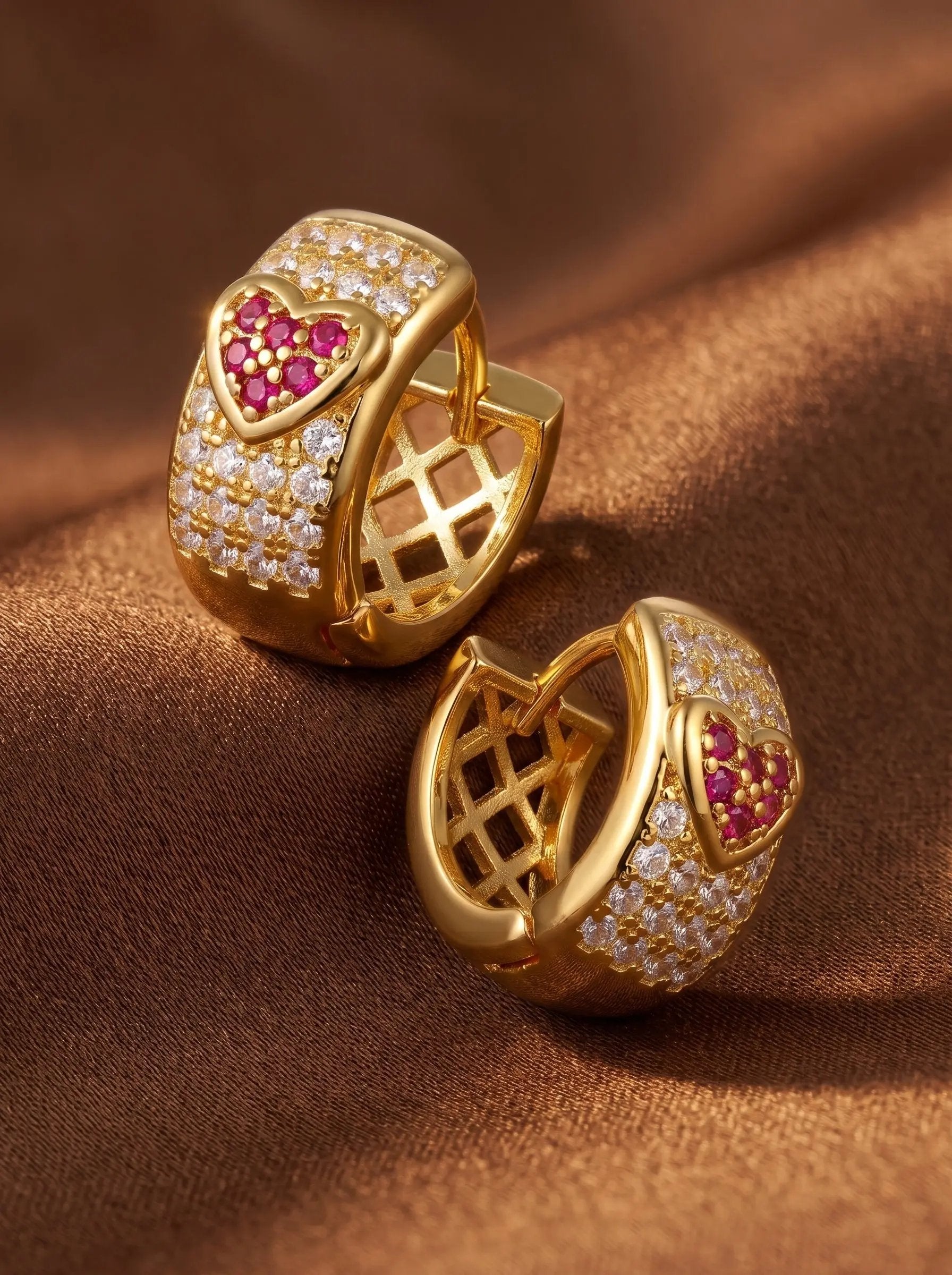 Gold Crystal Heart Huggie Hoop Earrings – Copper & Stainless Steel