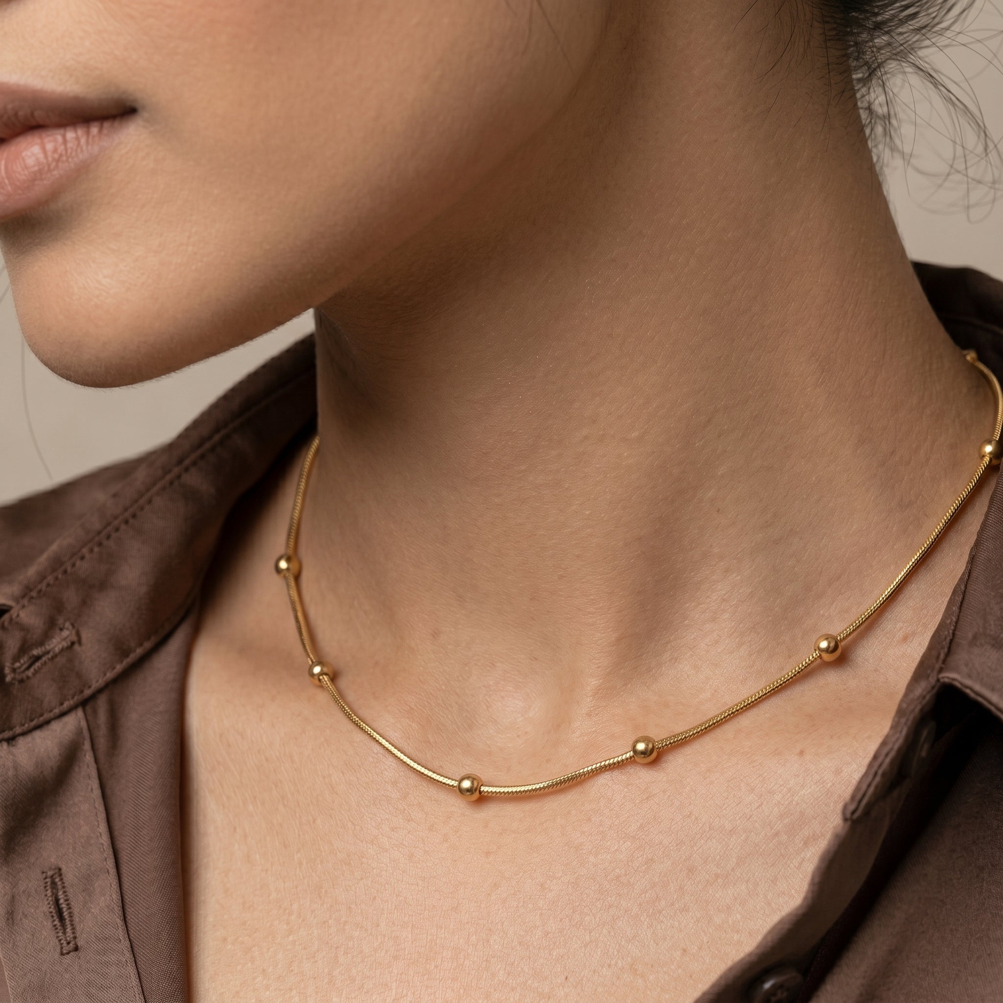 18K Gold Round Snake Bead Chain Necklace Stainless Steel