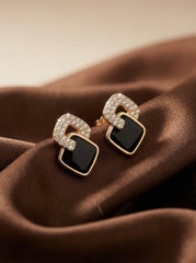 Gold Alloy Drop Earrings with Rhinestone Knot and Dark Square Accent