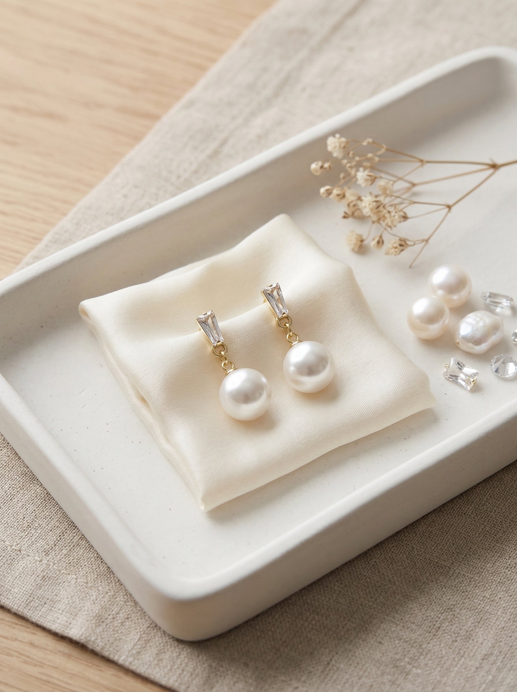 S925 Silver Needle Pearl Drop Earrings with Leaf & Butterfly Knot