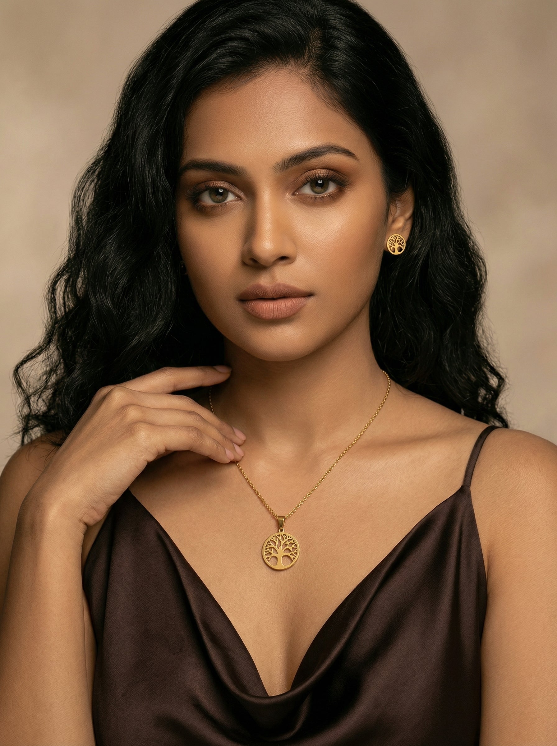 Gold Tree Motif Stainless Steel Necklace & Earrings Set