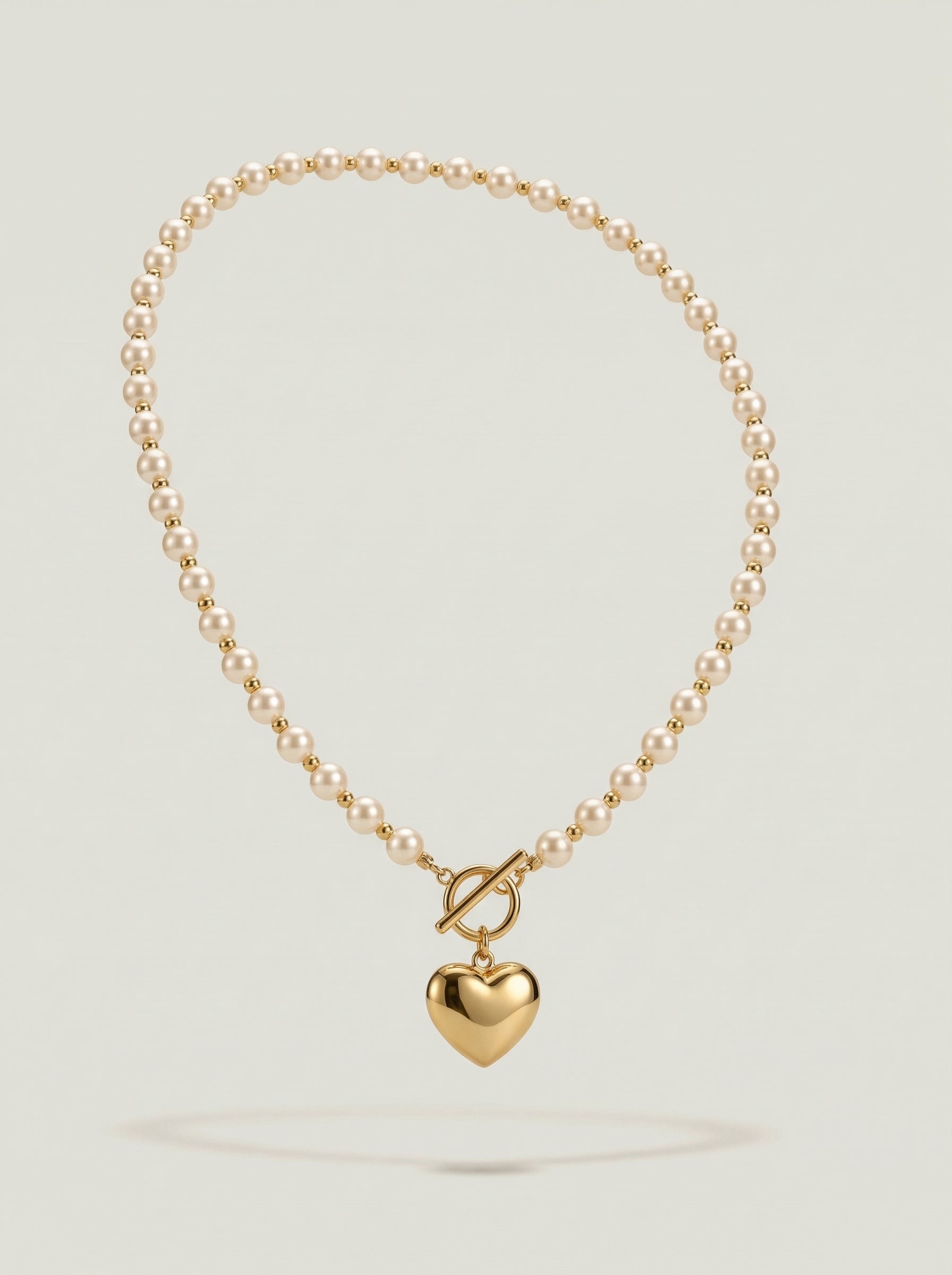 Gold-Tone Heart Pendant Pearl Necklace - Gold Plated Stainless Steel & Cream Pearls