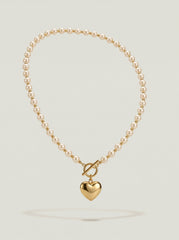 Gold-Tone Heart Pendant Pearl Necklace - Gold Plated Stainless Steel & Cream Pearls
