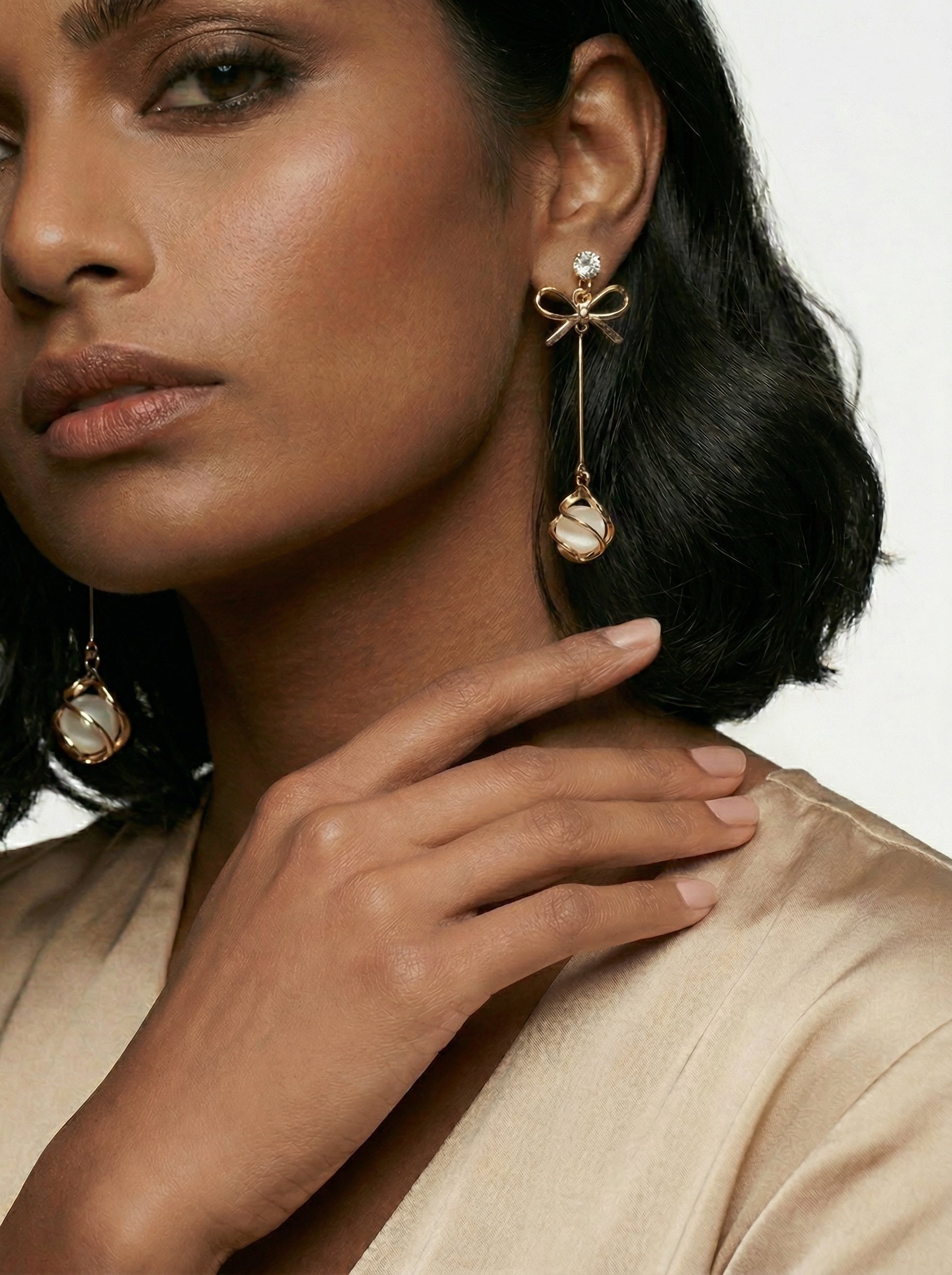 Gold Bow Pearl Drop Earrings With 925 Silver Needle