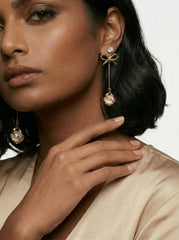 Gold Bow Pearl Drop Earrings With 925 Silver Needle