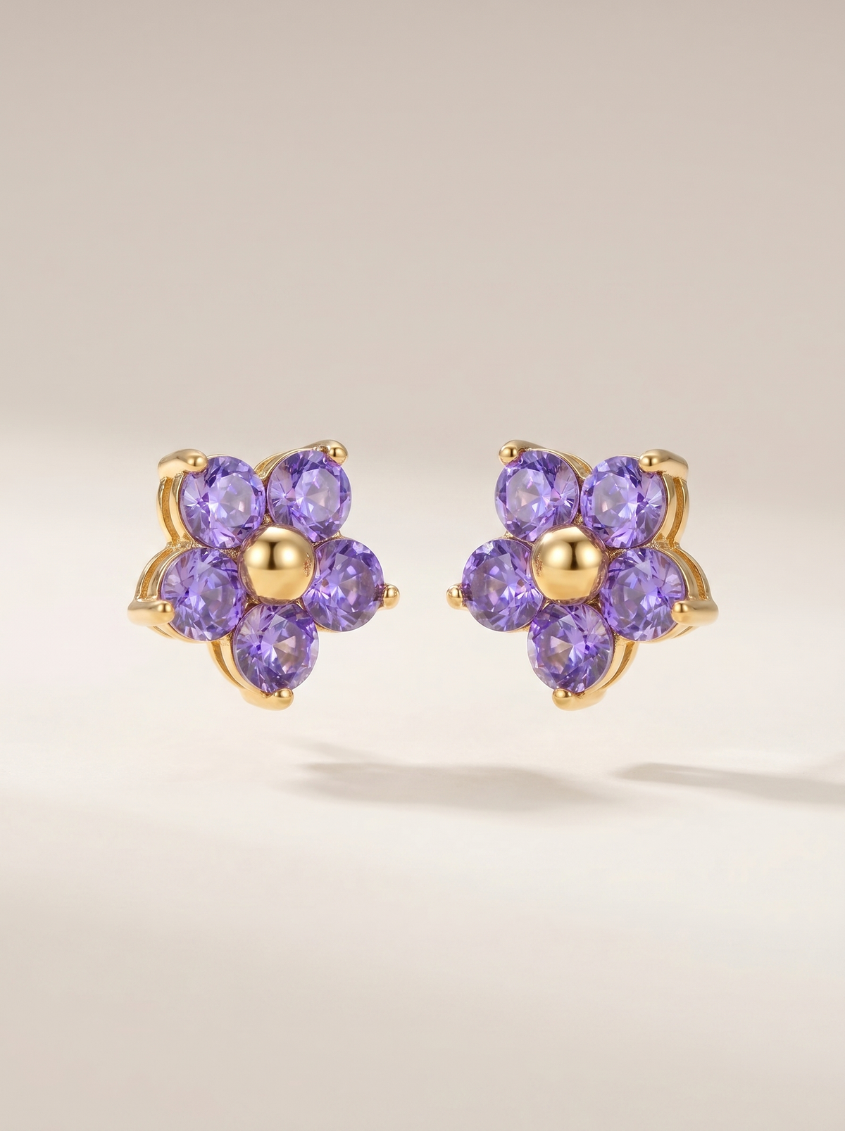 Purple Crystal Flower Stud Earrings – 18K Gold PVD Stainless Steel