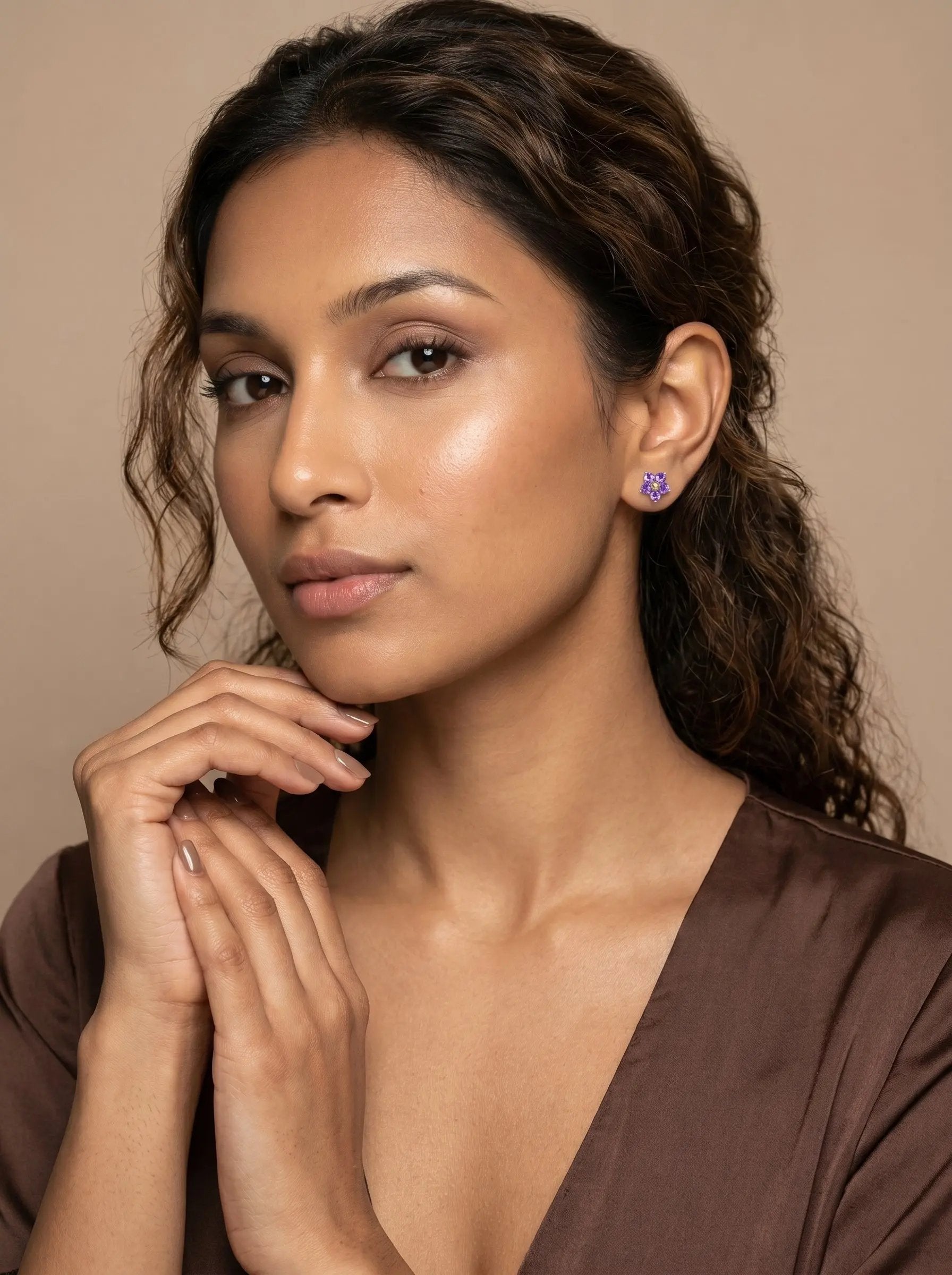 Purple Crystal Flower Stud Earrings – 18K Gold PVD Stainless Steel