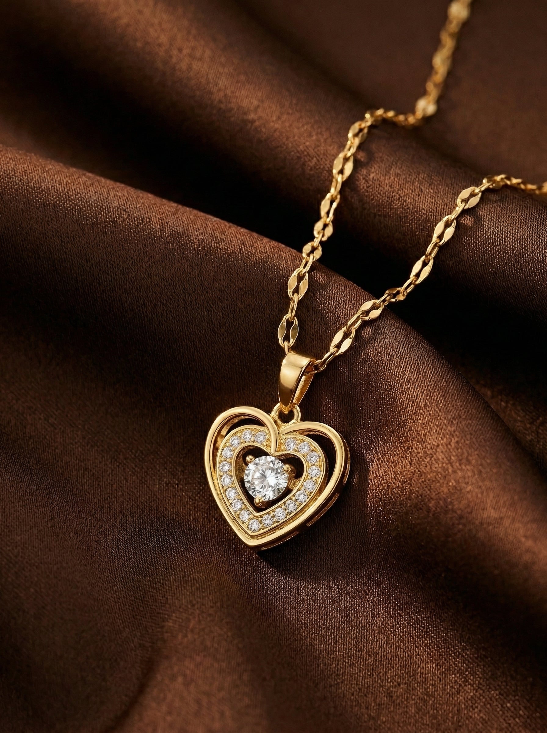Gold 18K Electroplated Stainless Steel Heart Pendant Necklace with Crystal Accent