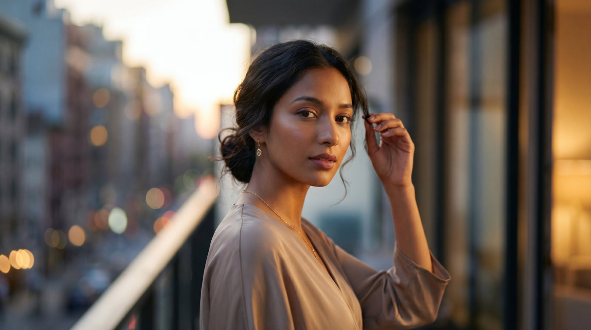 Woman on a city balcony at sunset wearing a fine gold plated chain and ornate drop earrings