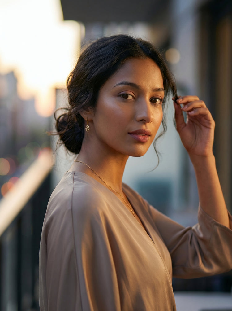 Woman on a city balcony at sunset wearing a fine gold plated chain and ornate drop earrings