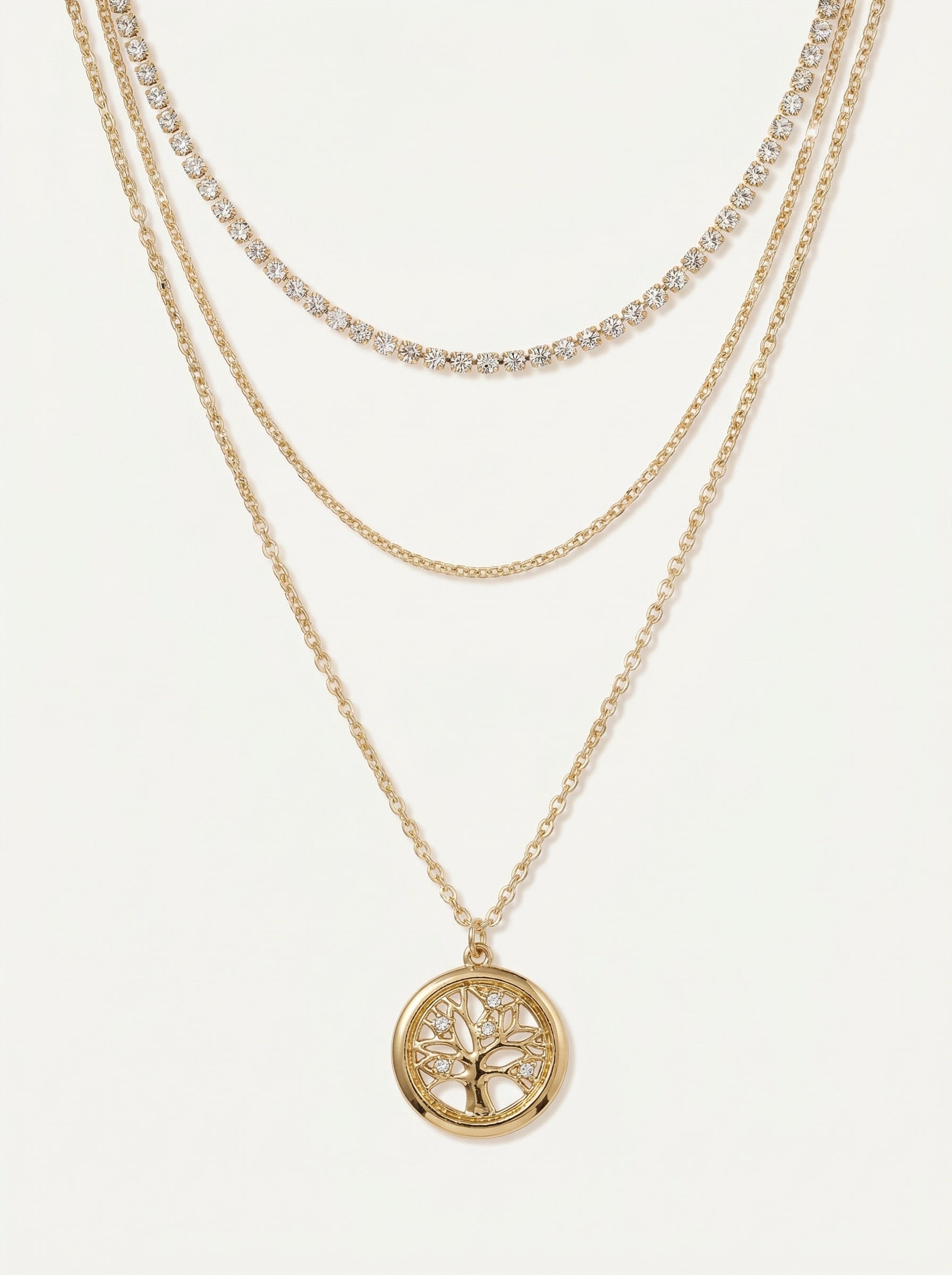 Gold Multi-Layer Alloy Necklace with Hollow Tree Pendant