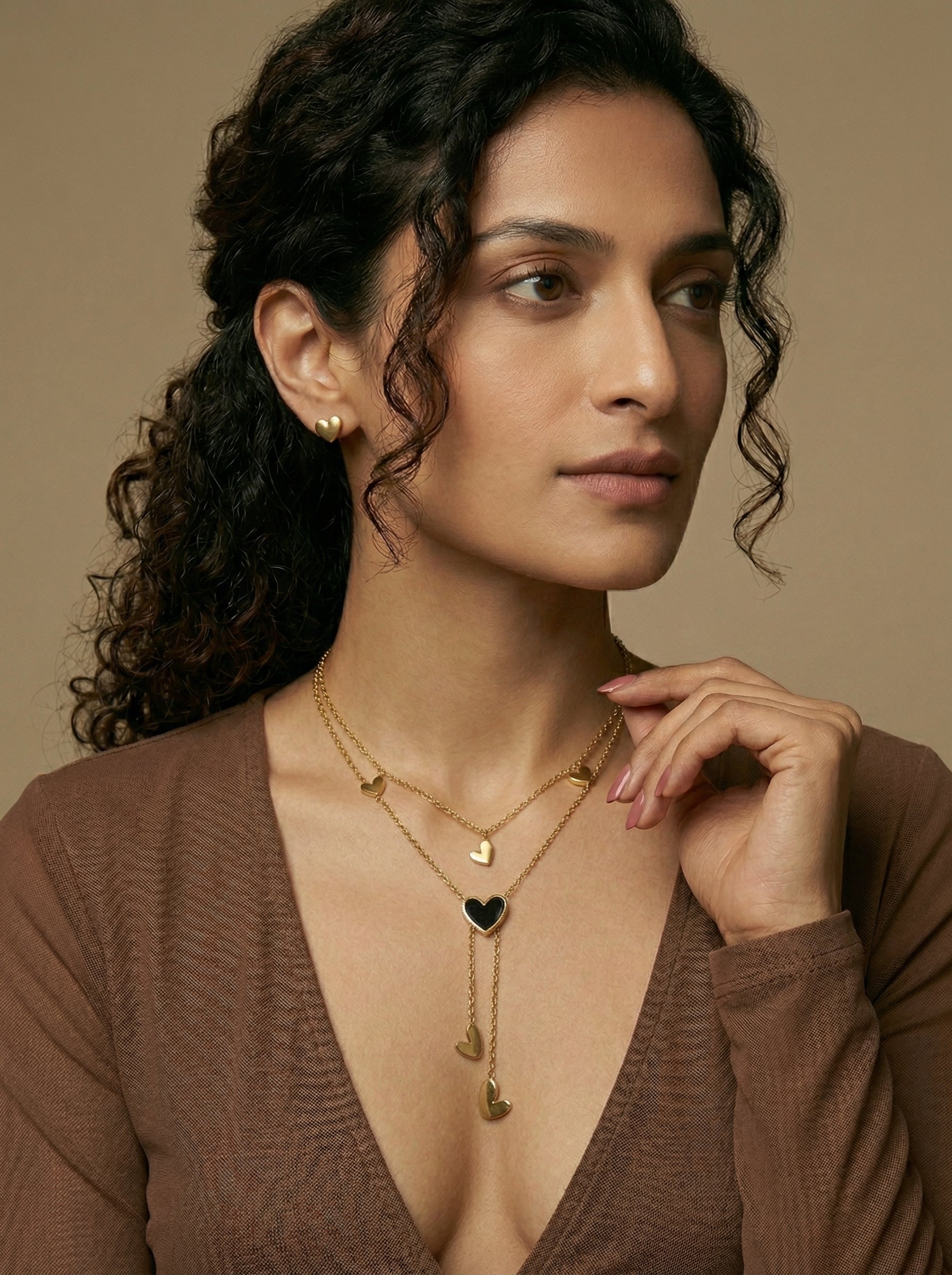 Gold Titanium Steel Multi-Layered Heart Pendant Necklace