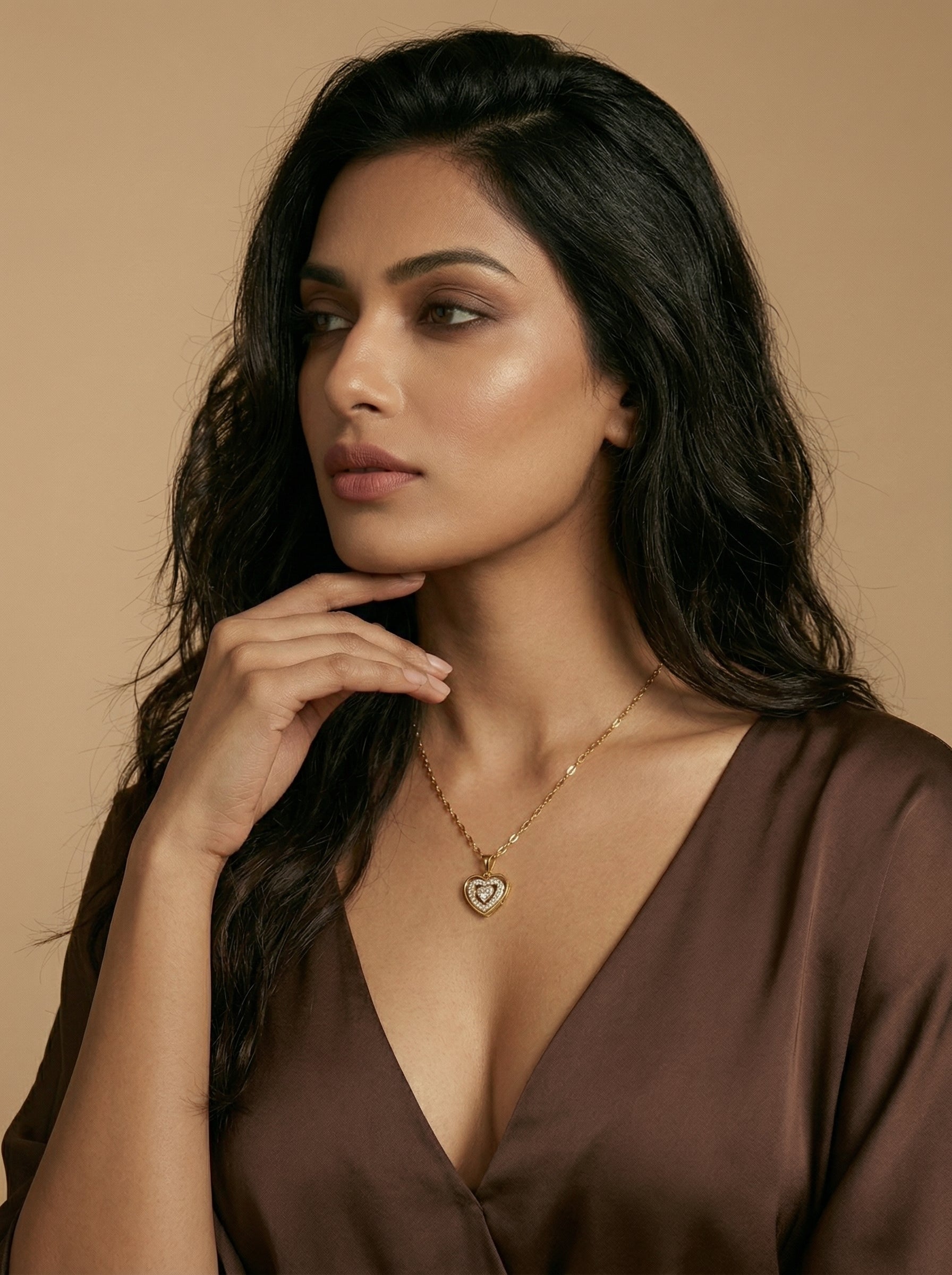 Gold 18K Electroplated Stainless Steel Heart Pendant Necklace with Crystal Accent