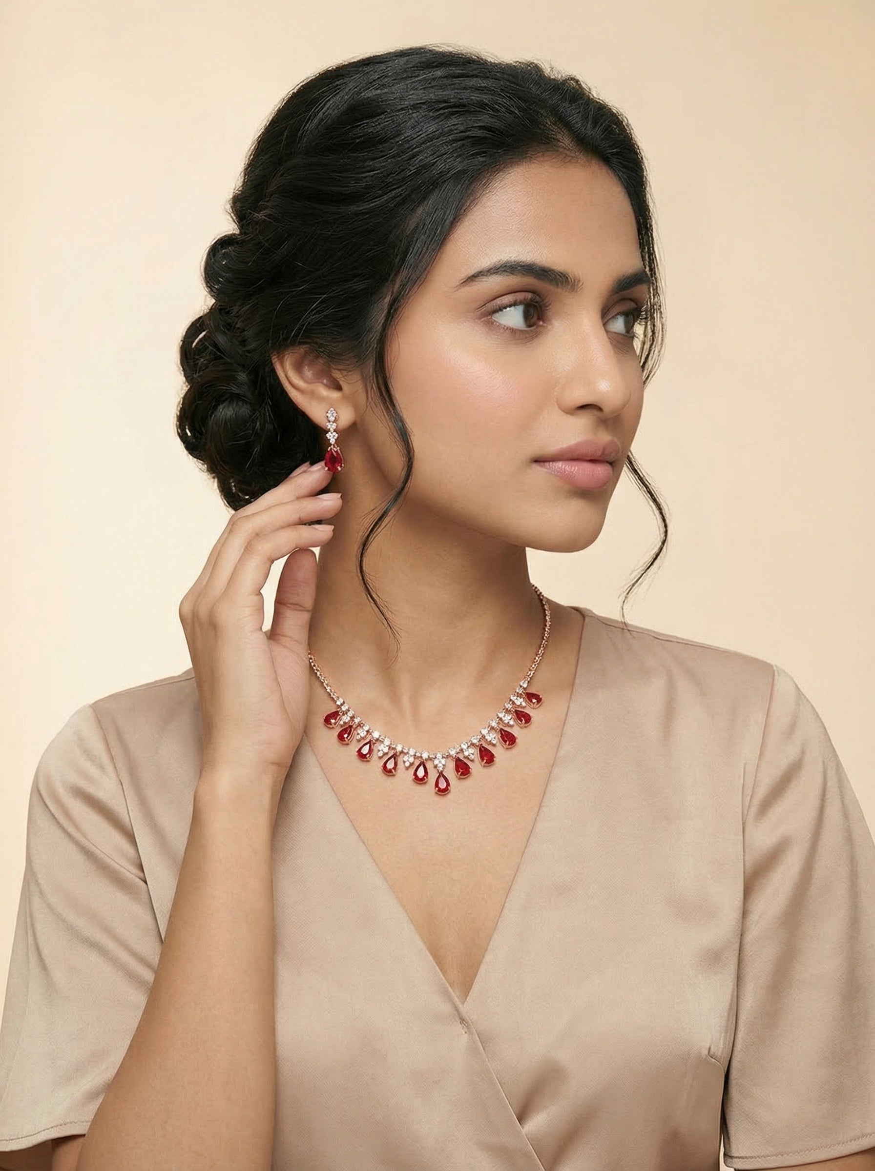 Copper Gold-Plated Red & Clear Rhinestone Necklace Earrings Set
