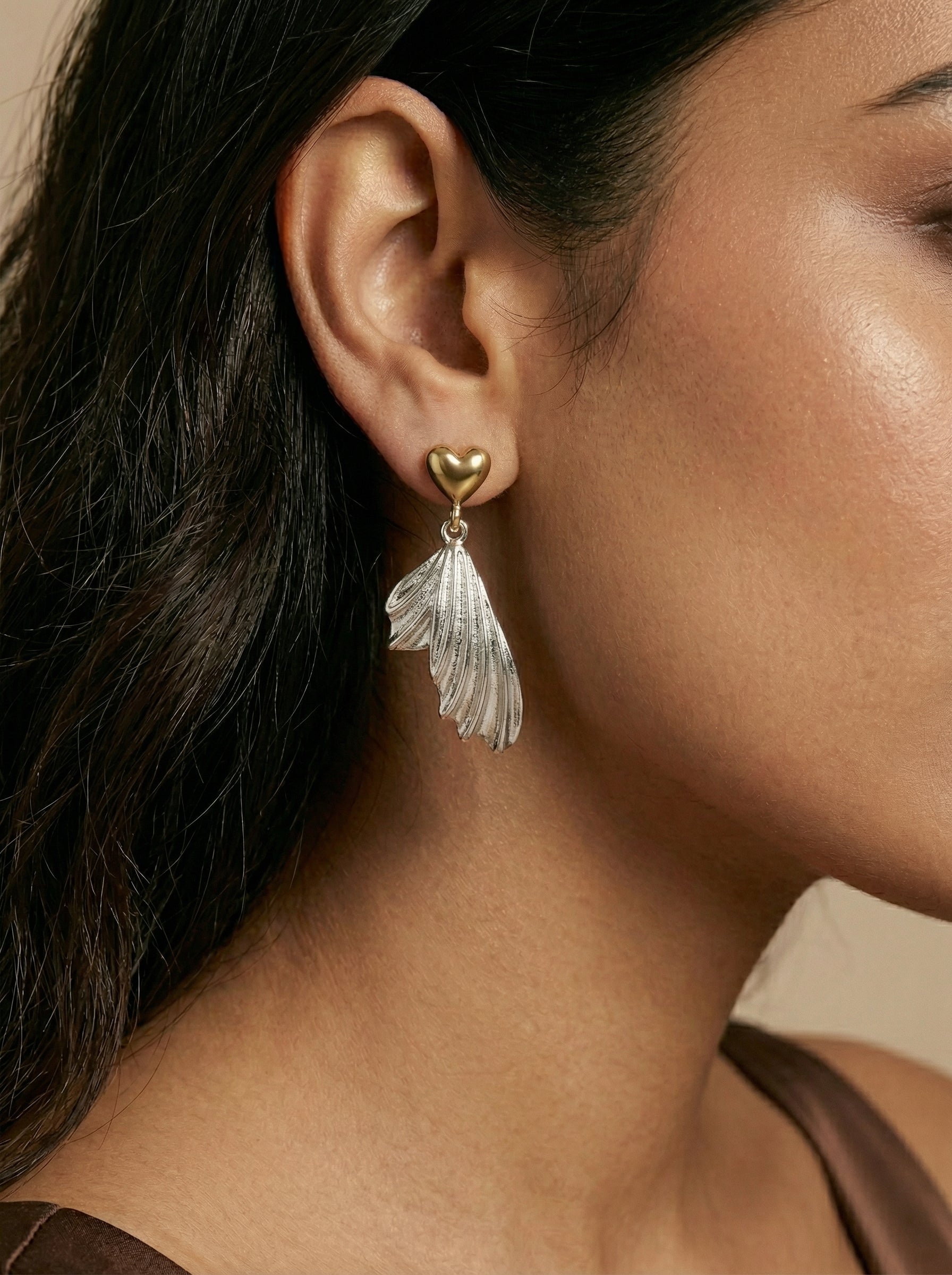 Two-Tone Heart & Shell Earrings in Gold and Silver - 925 Sterling Silver