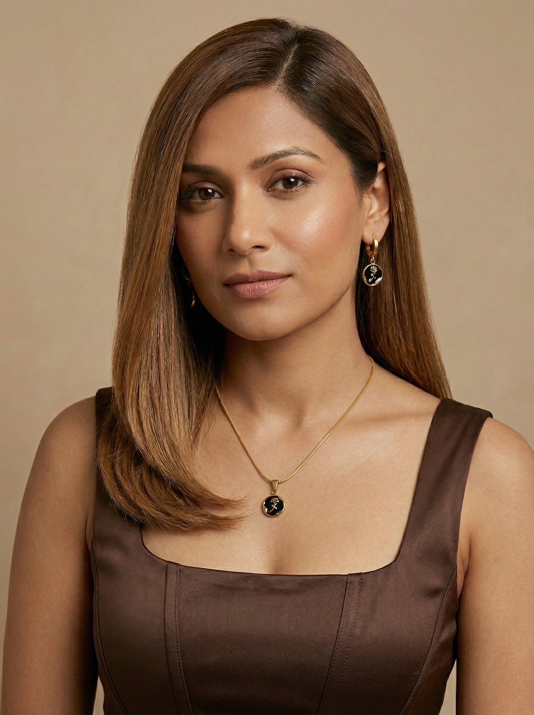 Black Rose 18K Gold Plated Necklace & Hoop Earrings Set