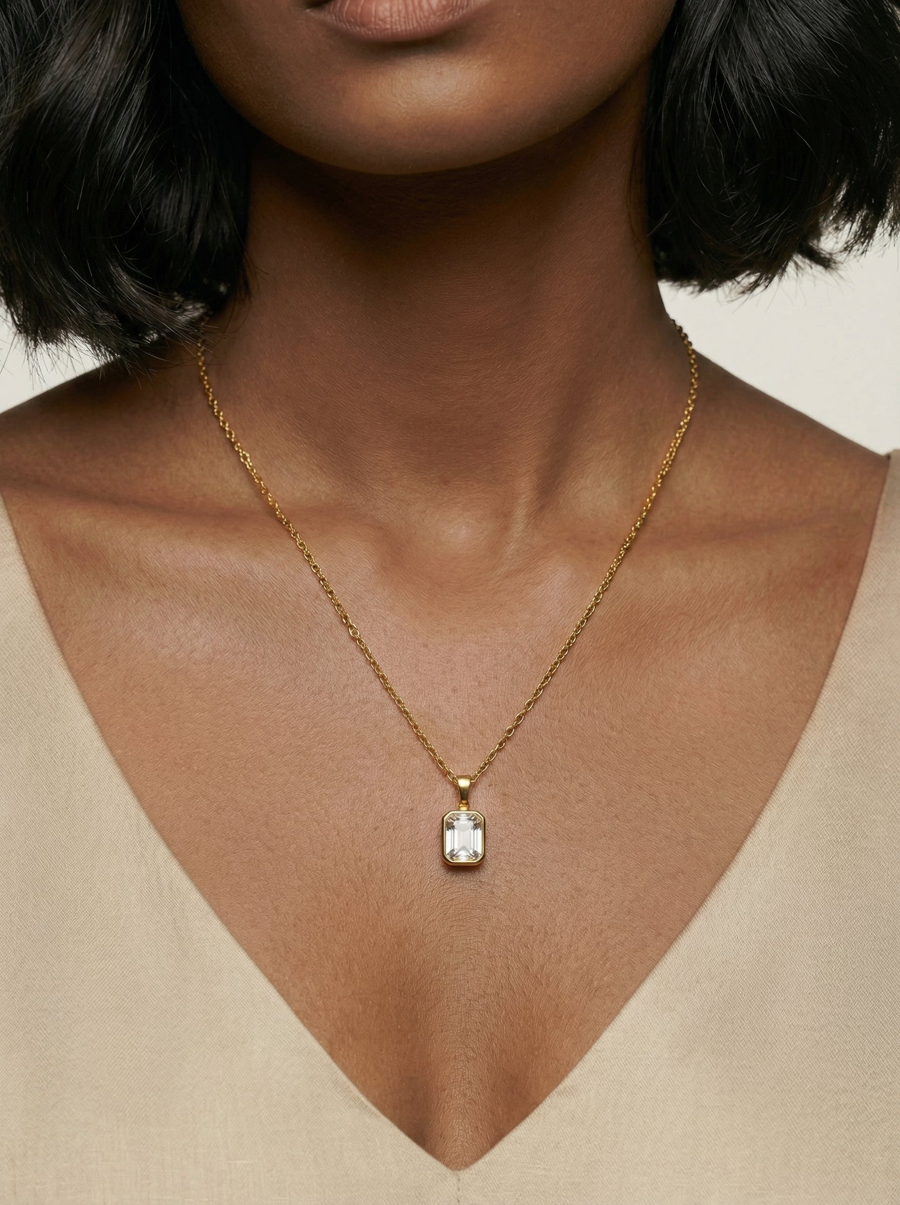 Gold Tone Stainless Steel Geometric Zirconia Necklace