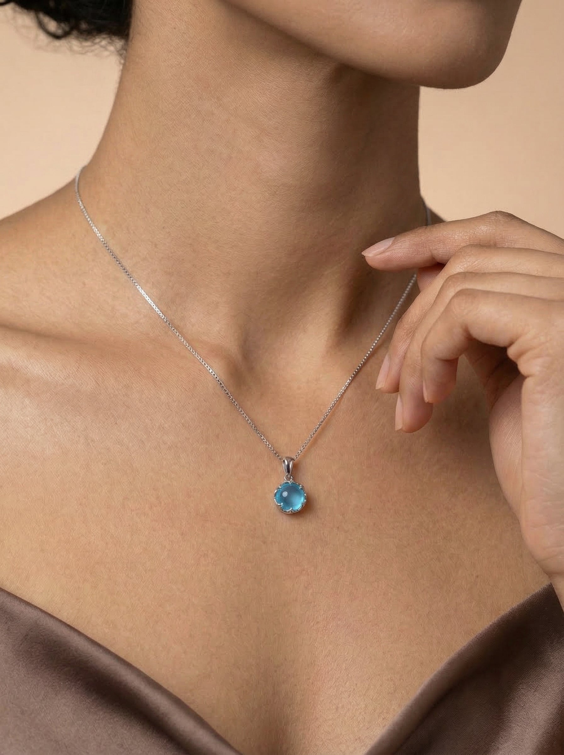Blue Chalcedony Round Pendant Necklace Silver Chain
