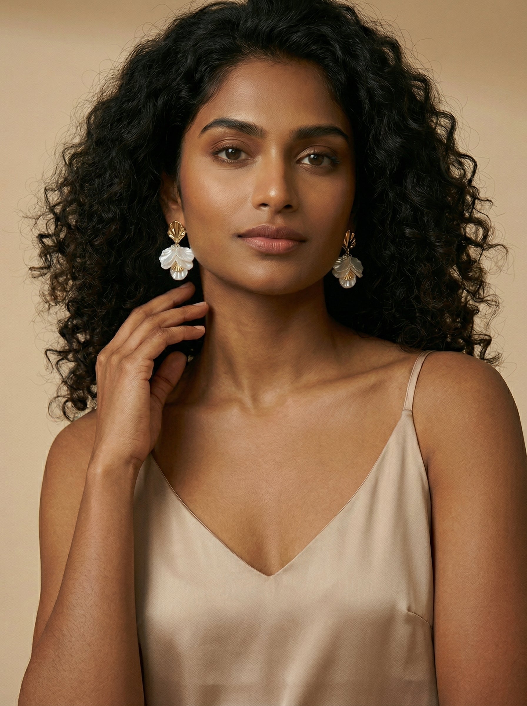 Shell Petals Gold & White Stud Earrings with Silver Needle
