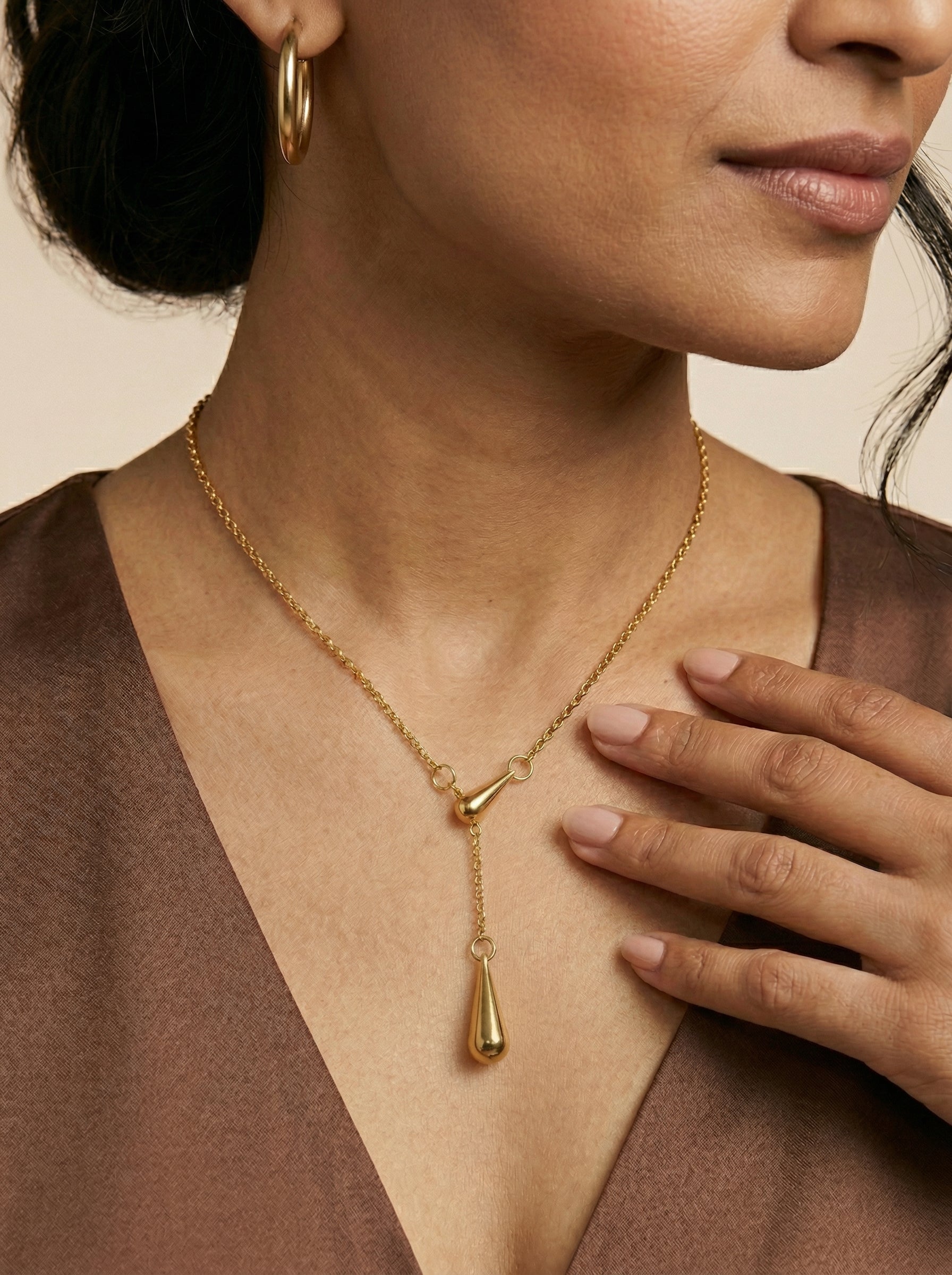 Gold Water Drop Tassel Necklace Titanium Steel PVD Coated