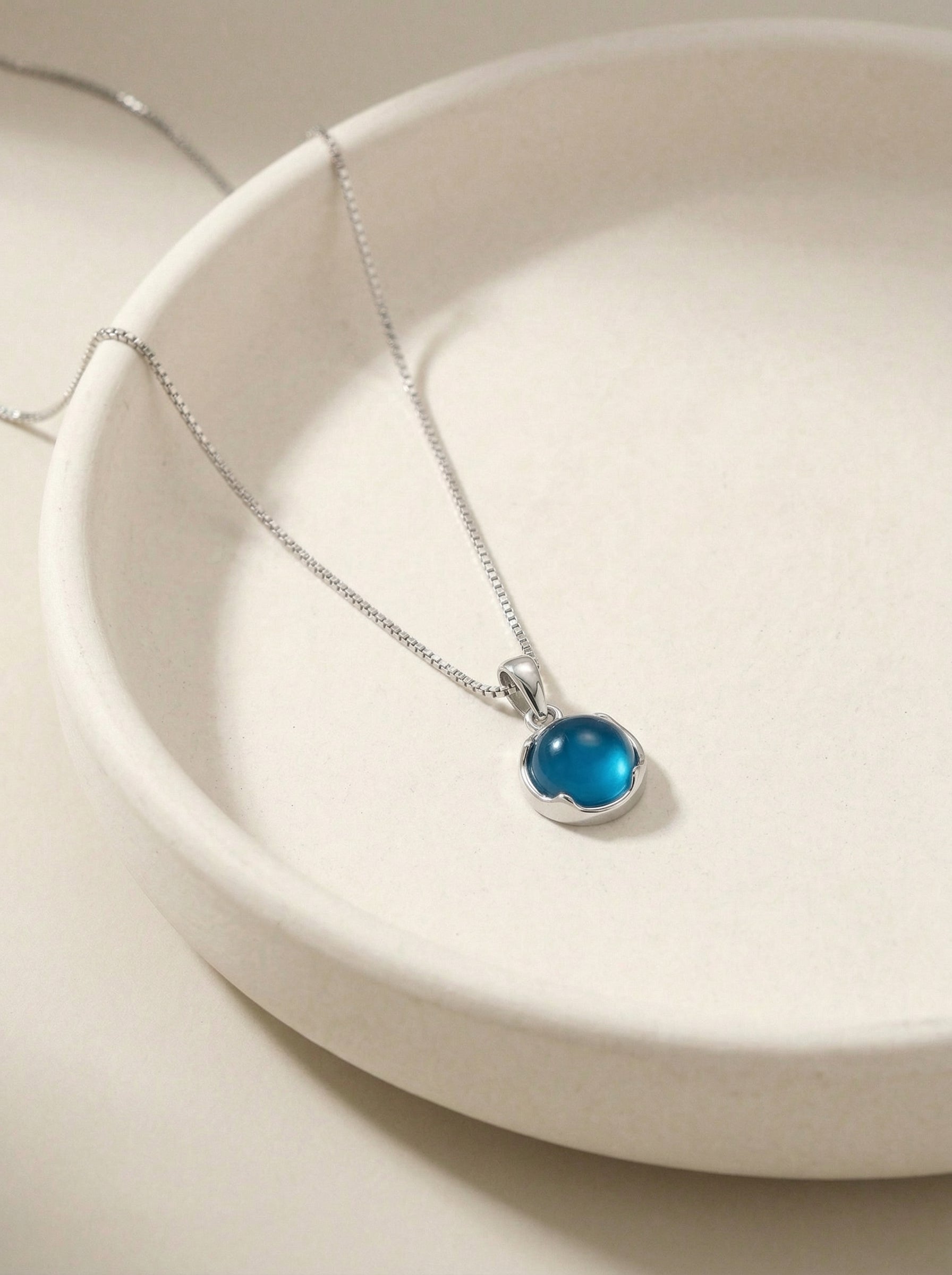 Blue Chalcedony Round Pendant Necklace Silver Chain