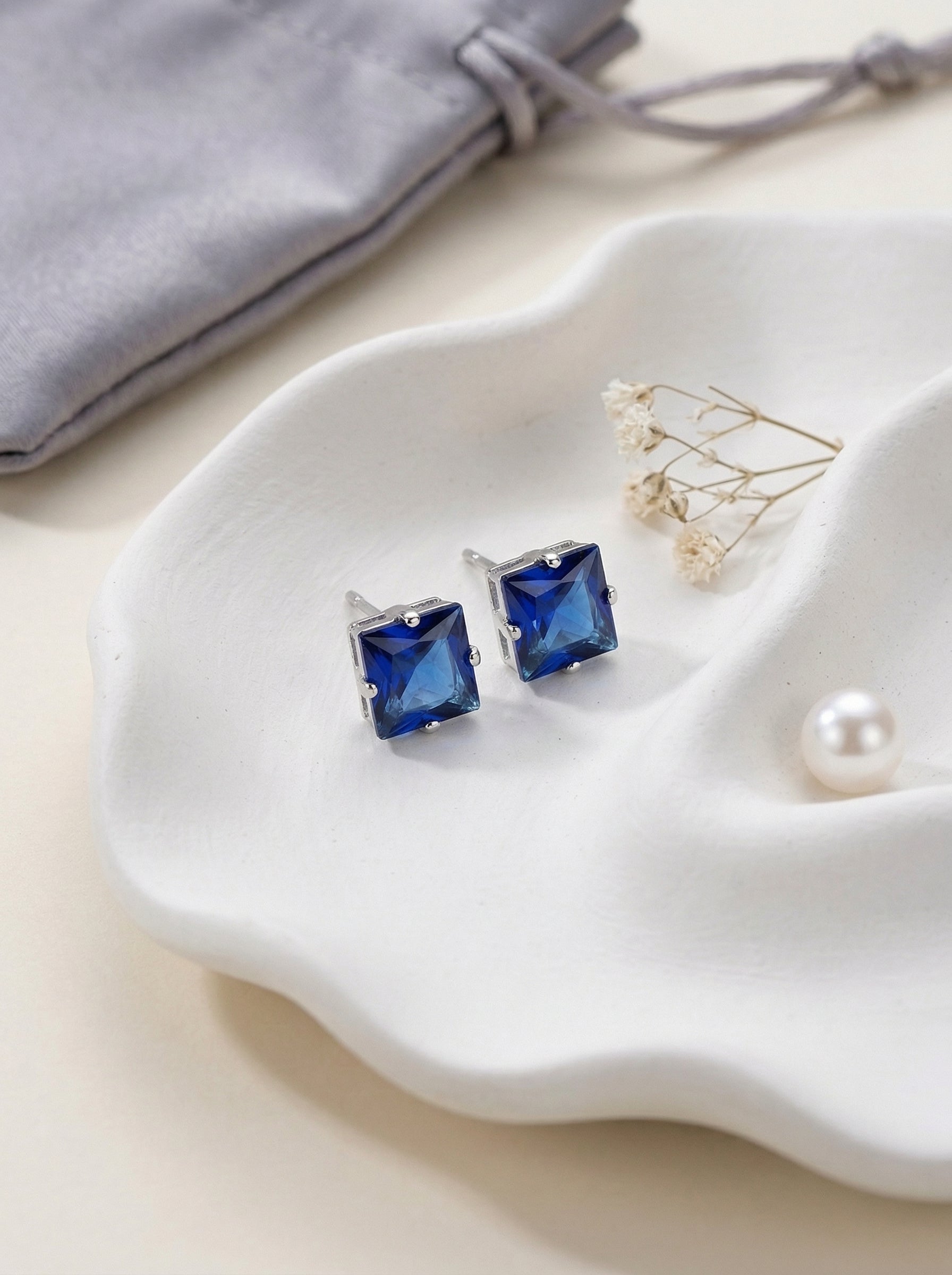 Blue Square Cut Stainless Steel Ear Studs