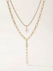 Gold Multi-Layered Tassel Necklace with Faux Pearl Drop
