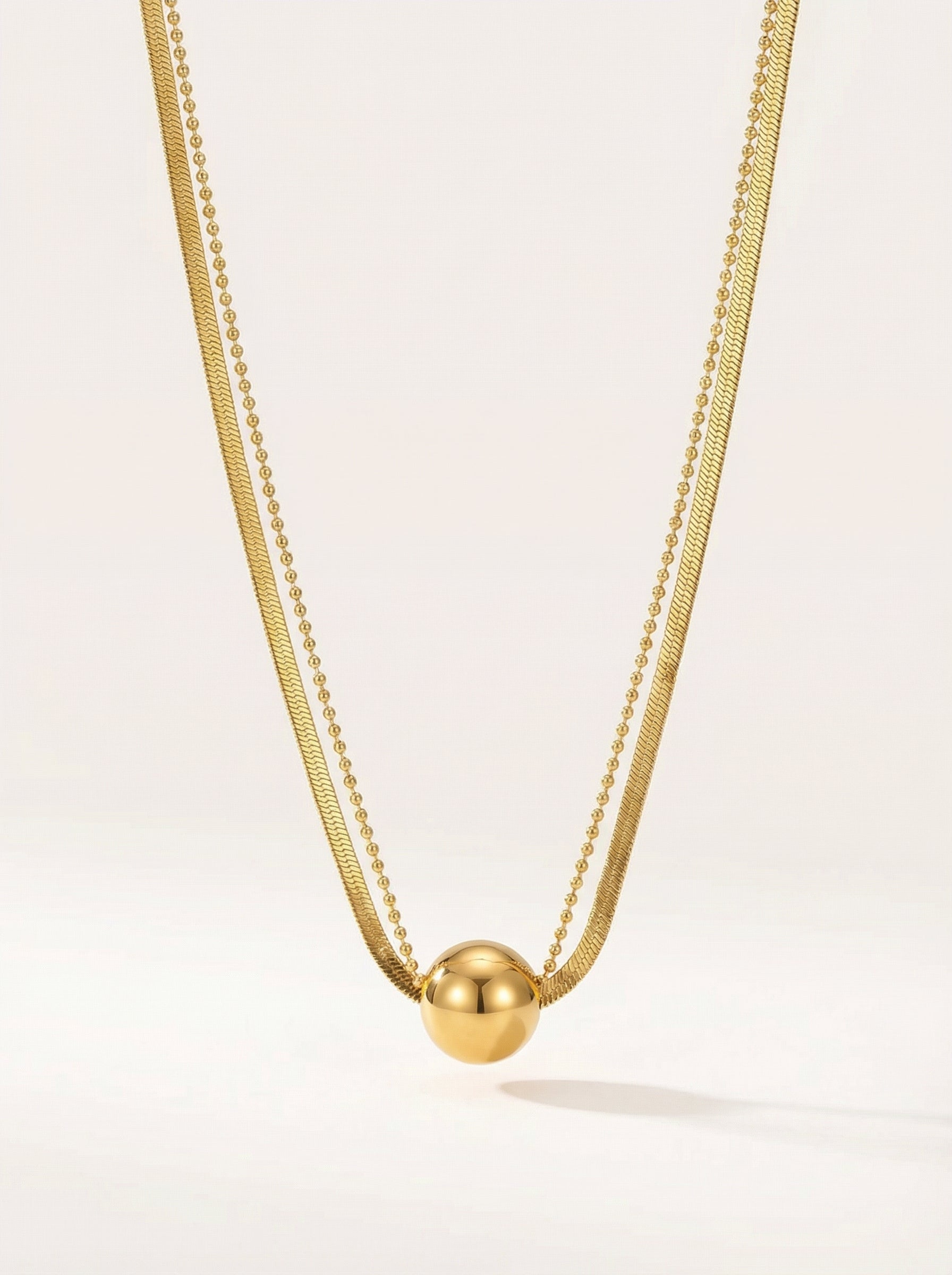 Gold Double Layer Titanium Steel Necklace with Round Ball Pendant