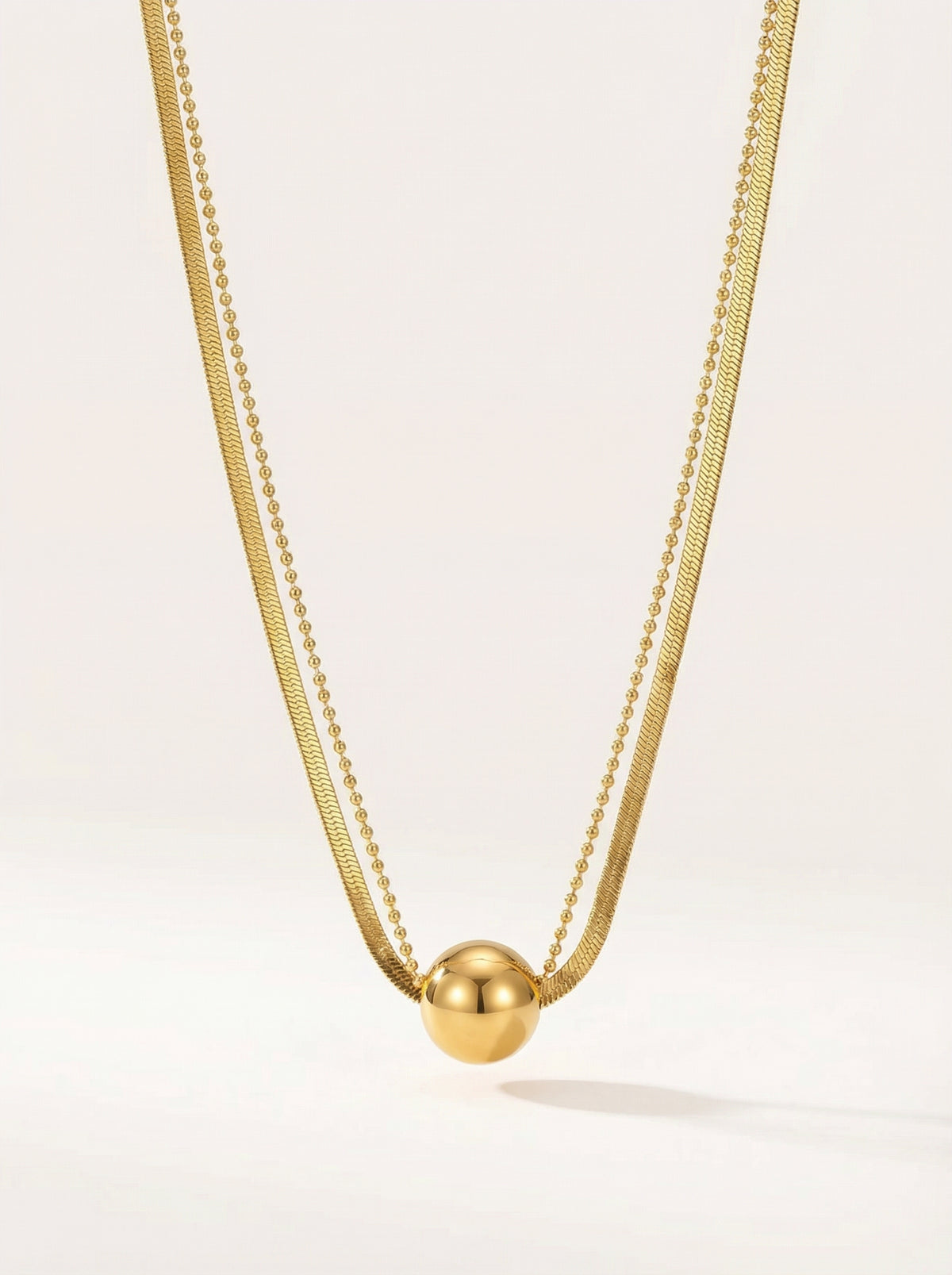 Gold Double Layer Titanium Steel Necklace with Round Ball Pendant